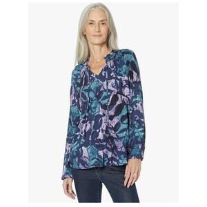 Nic+Zoe Tie Neck Long Sleeve Indigo Vines Live In Top Blouse Sz 3X Artsy Vibrant